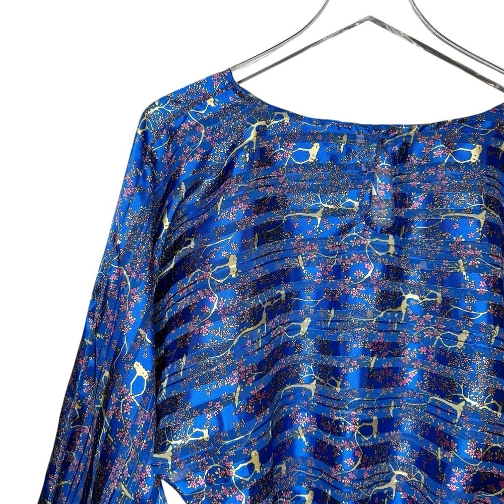 Free People Blue Floral Metallic Boho Festival Top Dolman Sleeved Blouse Sz M - Picture 12 of 13